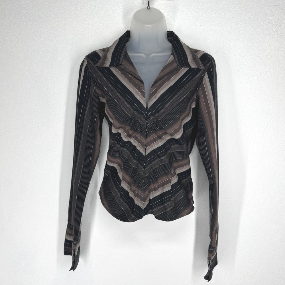 Quizz Vintage Women Brown Striped Metallic Hook Eye Long Sleeve Top M 90s Retro